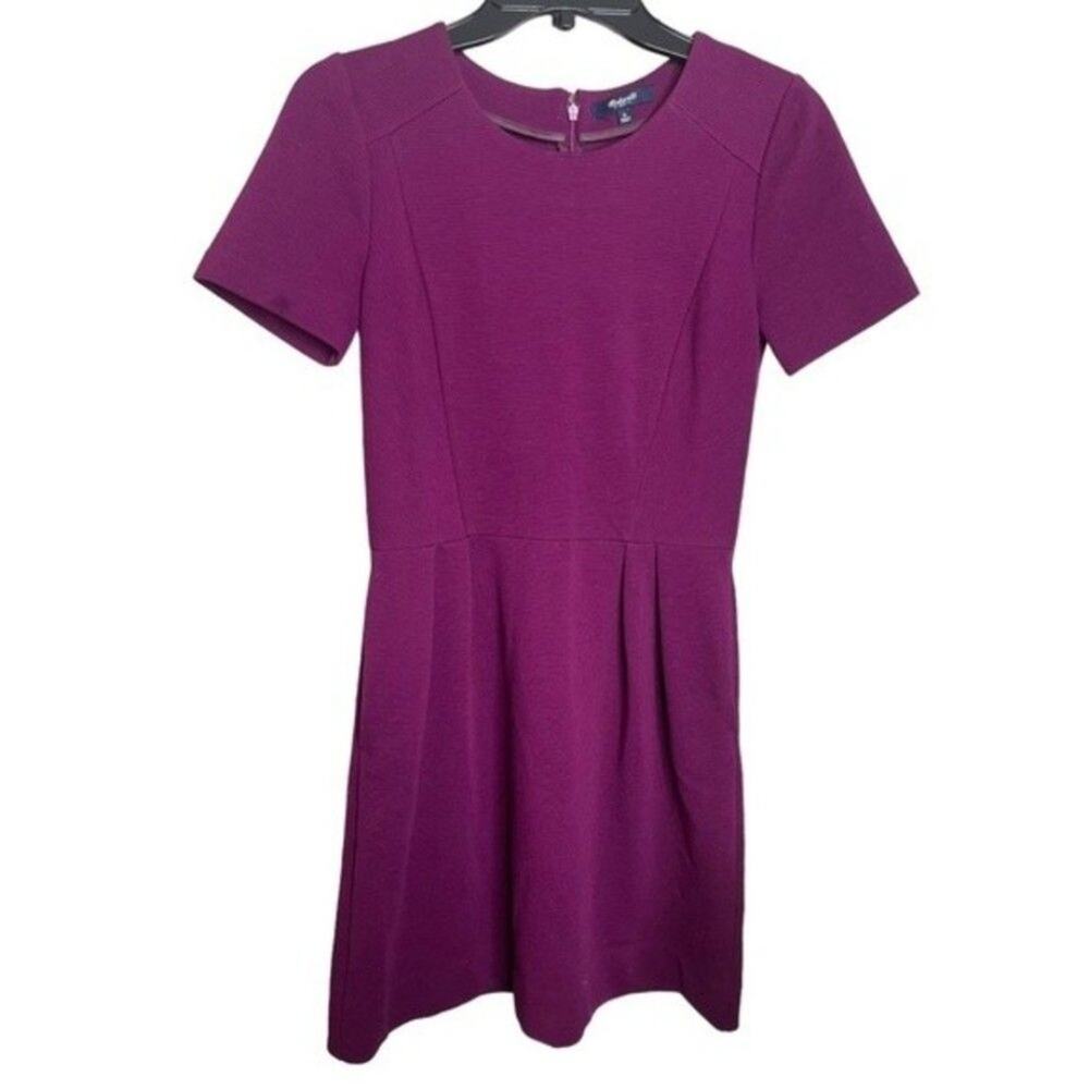 Madewell Plum Purple Ribbed Mini Dress Front Pockets Short Sleeve size 0 NWOT